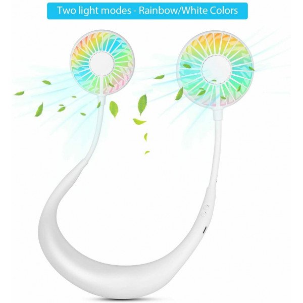 Wholesale Hand Free Mini USB Fan Rechargeable Portable Headphone Design Wearable Neckband Fan, 3 Level Air Flow, 7 LED Lights, 360 Degree Free Rotation (White)